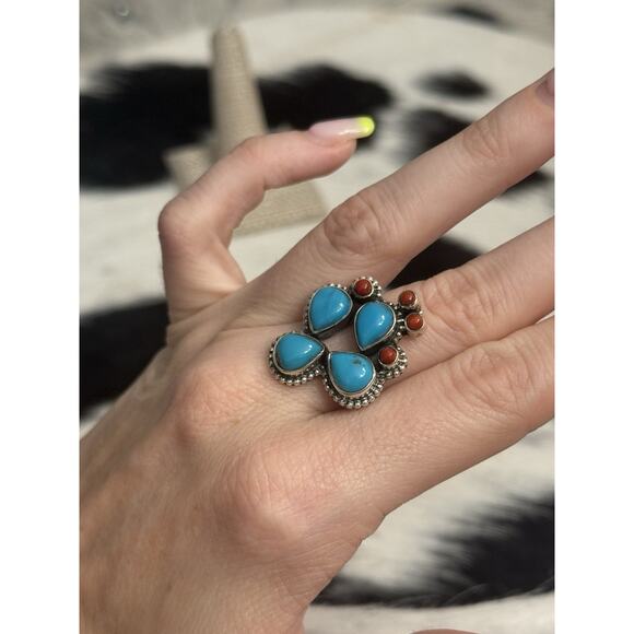 Native American Sterling Silver Blue Turquoise Red Coral Prickly Cactus Ring 9 - Picture 2 of 10